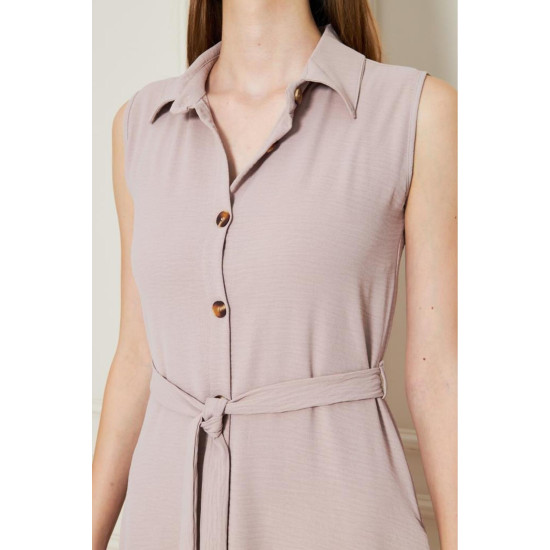 Pasaklı Giyim Giy Çık Kolsuz Uzun Gömlek Elbise Pudra