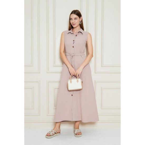 Pasaklı Giyim Giy Çık Kolsuz Uzun Gömlek Elbise Pudra