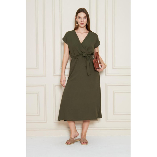 Pasaklı Giyim Kadın Kruvaze Yaka Elbise Haki