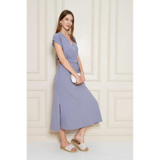 Pasaklı Giyim Kadın Kruvaze Yaka Elbise Gri