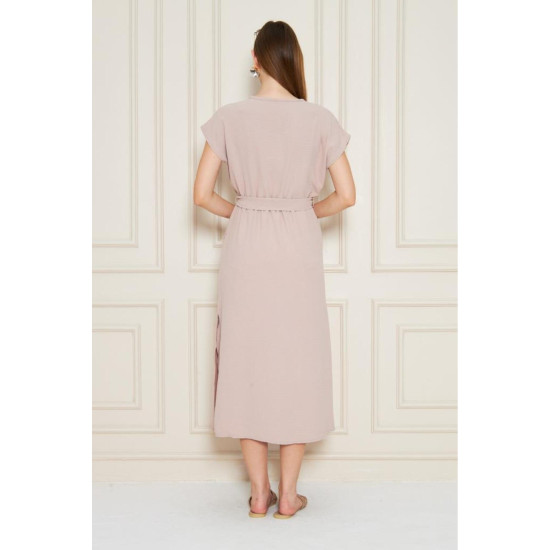 Pasaklı Giyim Kadın Kruvaze Yaka Elbise Pudra
