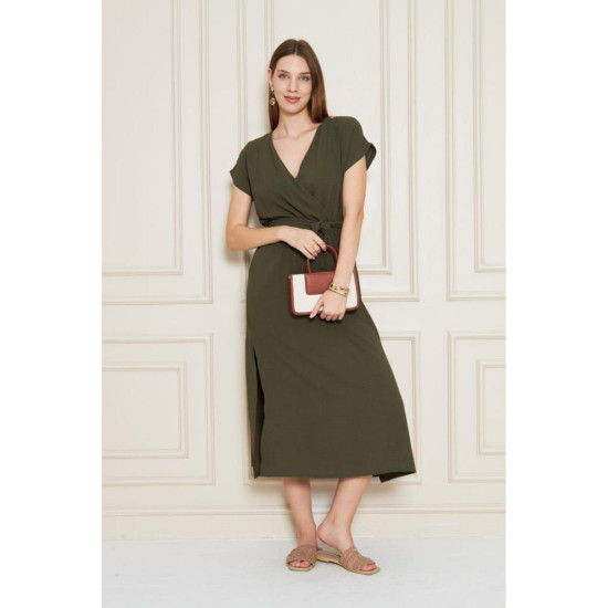 Pasaklı Giyim Kadın Kruvaze Yaka Elbise Haki