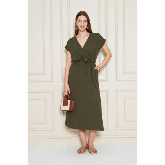 Pasaklı Giyim Kadın Kruvaze Yaka Elbise Haki