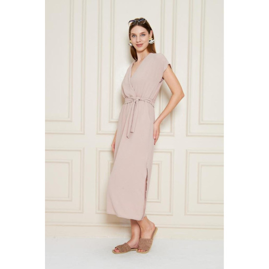 Pasaklı Giyim Kadın Kruvaze Yaka Elbise Pudra