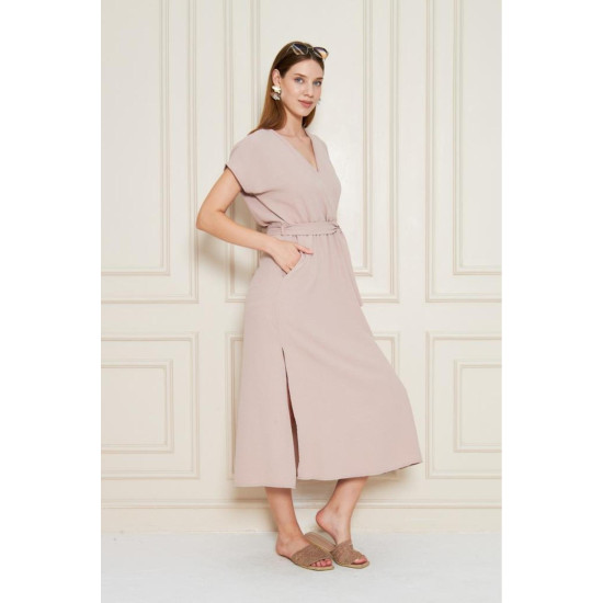 Pasaklı Giyim Kadın Kruvaze Yaka Elbise Pudra