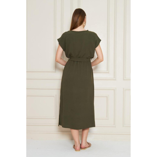 Pasaklı Giyim Kadın Kruvaze Yaka Elbise Haki