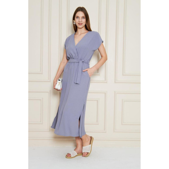 Pasaklı Giyim Kadın Kruvaze Yaka Elbise Gri