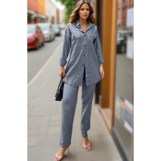 Pasaklı Giyim Kadın Antrasit Uzun Kollu Cepli Gömlek ve Beli Lastikli Pantolon Takım
