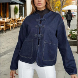 Pasaklı Giyim Kadın Kot Ceket – Bağlama Detaylı, Oval Kesim KT00102451  Lacivert