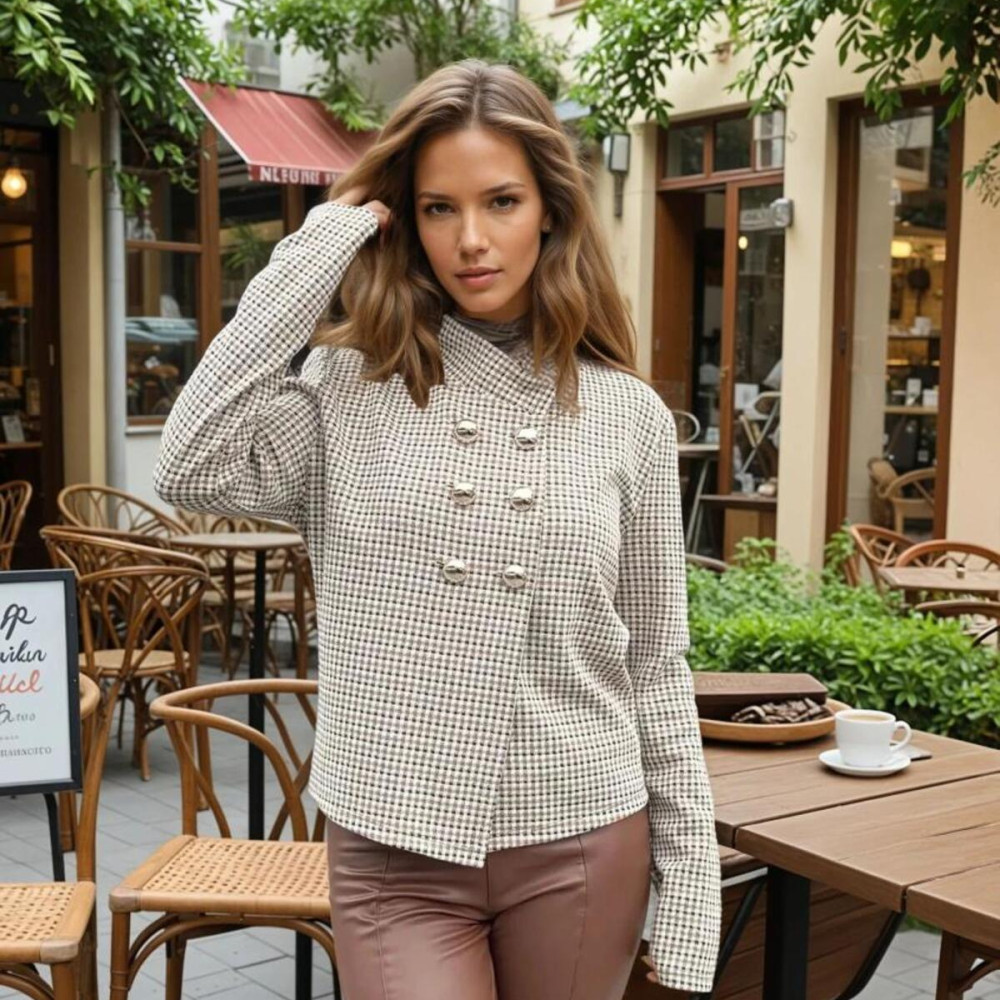 Pasaklı Giyim Kadın Ekose Dik Yaka İnce Baharlık Şık Tarz Jakar Örme Ceket (Astarsız) Vizon 3512230