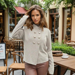 Kadın Ekose Dik Yaka İnce Baharlık Şık Tarz Jakar Örme Ceket (Astarsız) Vizon 3512230