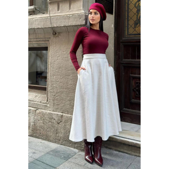 Pasaklı Giyim Kadın Kışlık Kırçıllı Kaşe Yüksek Bel Şık Uzun Kiloş Etek Ekru