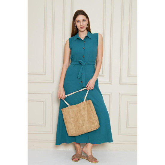 Pasaklı Giyim Giy Çık Kolsuz Uzun Gömlek Elbise Petrol Yeşil