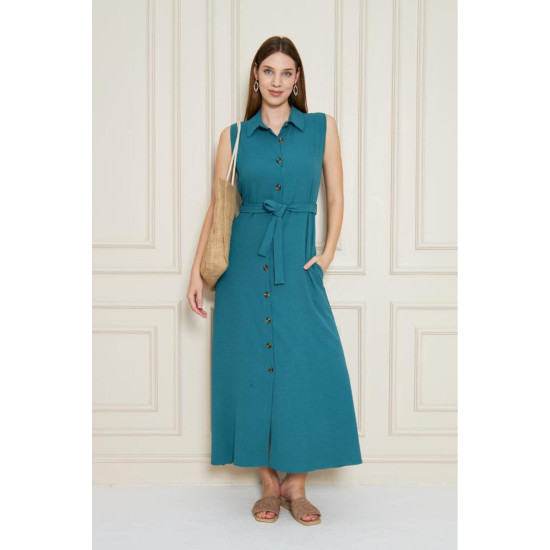 Pasaklı Giyim Giy Çık Kolsuz Uzun Gömlek Elbise Petrol Yeşil