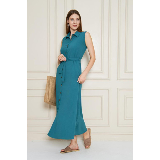 Pasaklı Giyim Giy Çık Kolsuz Uzun Gömlek Elbise Petrol Yeşil