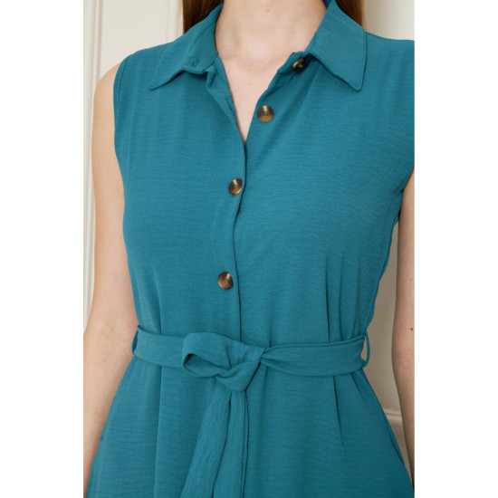 Pasaklı Giyim Giy Çık Kolsuz Uzun Gömlek Elbise Petrol Yeşil