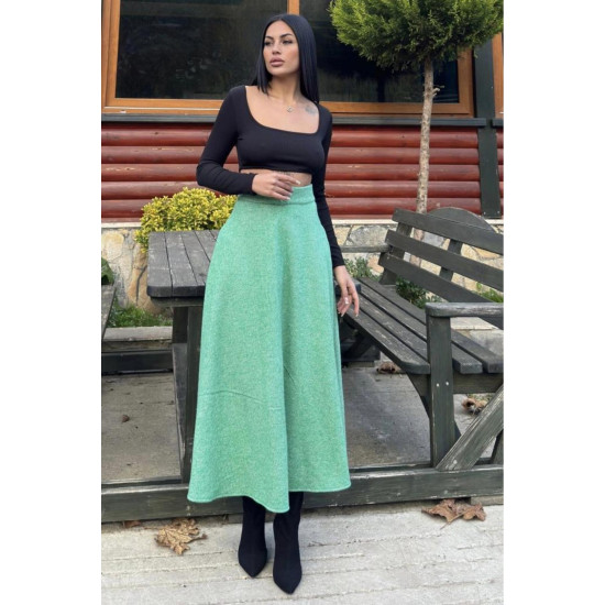 Pasaklı Giyim Kadın Kışlık Kırçıllı Kaşe Yüksek Bel Şık Uzun Kiloş Etek Yeşil