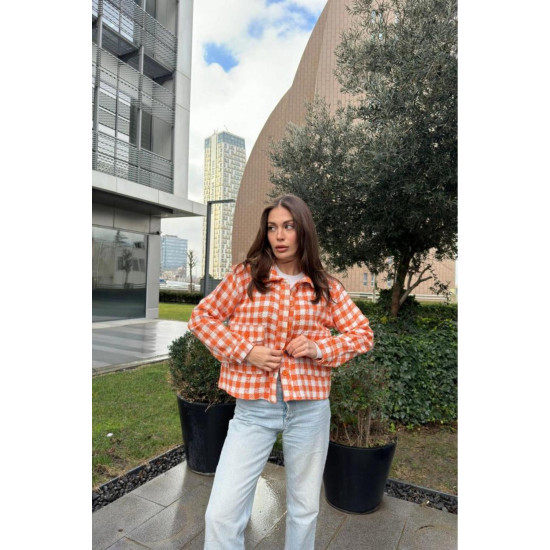 Pasaklı Giyim Kadın Kaşe, Şanel Ekose Tüvit Ceket Turuncu