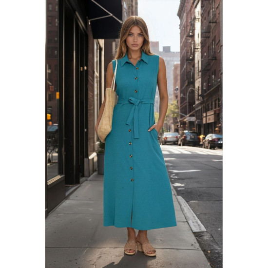 Pasaklı Giyim Giy Çık Kolsuz Uzun Gömlek Elbise Petrol Yeşil