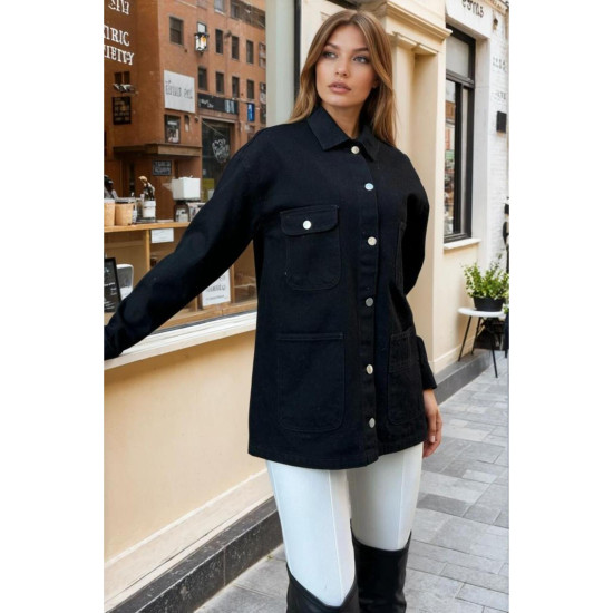 Pasaklı Giyim Kadın Siyah Oversize Gabardin Kot Ceket Gömlek -100451