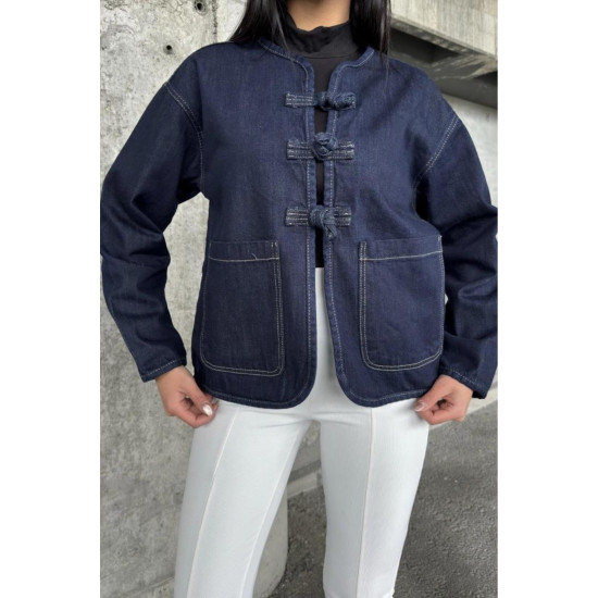 Pasaklı Giyim Kadın Kot Ceket – Bağlama Detaylı, Oval Kesim Lacivert