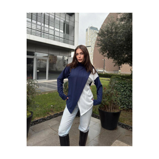 Pasaklı Giyim Kadın İki Katlı Kazak Lacivert-Beyaz