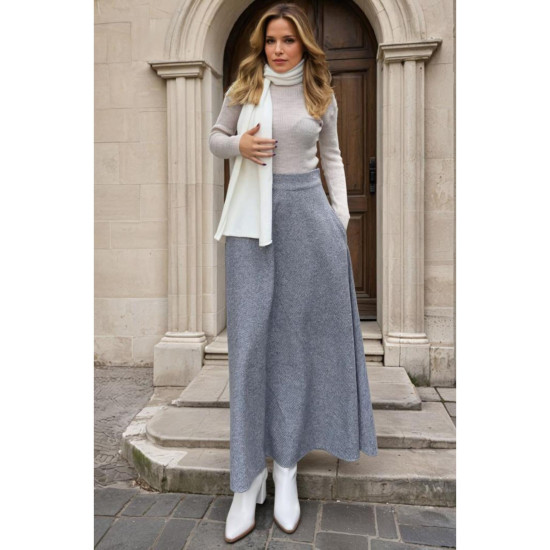 Pasaklı Giyim Kadın Kışlık Kırçıllı Kaşe Yüksek Bel Şık Uzun Kiloş Etek Antrasit