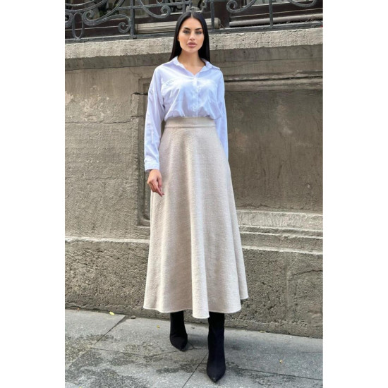 Pasaklı Giyim Kadın Kışlık Kırçıllı Kaşe Yüksek Bel Şık Uzun Kiloş Etek Vizon