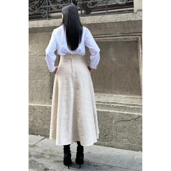 Pasaklı Giyim Kadın Kışlık Kırçıllı Kaşe Yüksek Bel Şık Uzun Kiloş Etek Vizon