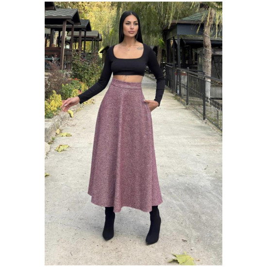 Pasaklı Giyim Kadın Kışlık Kırçıllı Kaşe Yüksek Bel Şık Uzun Kiloş Etek Bordo