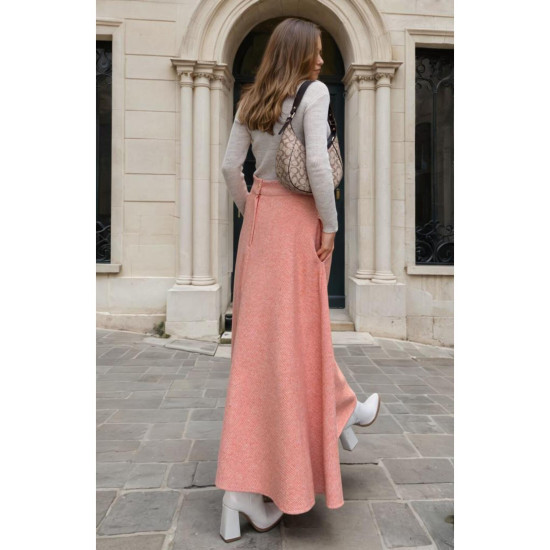 Pasaklı Giyim Kadın Kışlık Kırçıllı Kaşe Yüksek Bel Şık Uzun Kiloş Etek Turuncu