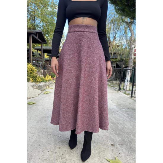 Pasaklı Giyim Kadın Kışlık Kırçıllı Kaşe Yüksek Bel Şık Uzun Kiloş Etek Bordo