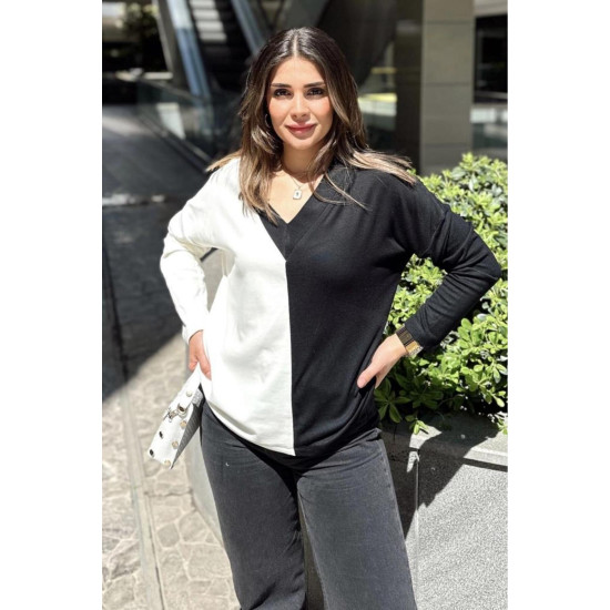 Pasaklı Giyim Kadın Color Block V Yaka Bluz Beyaz