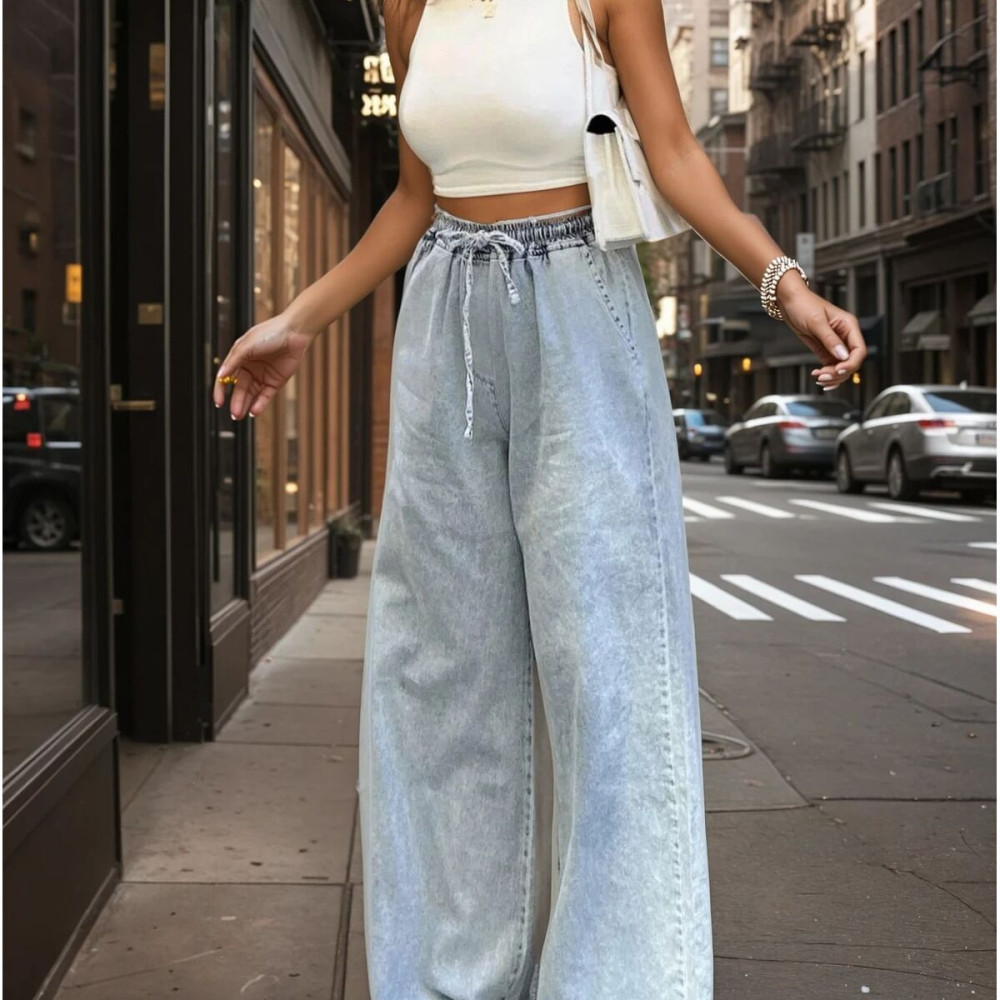 Pasaklı Giyim Kadın Beli Bağcıklı Bol Paça Salaş  Kot Pantolon 700-KT-0088319 Kar Yıkama