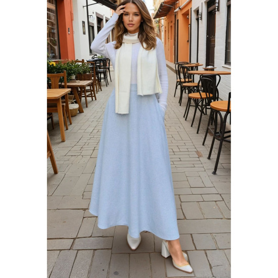 Pasaklı Giyim Kadın Kışlık Kırçıllı Kaşe Yüksek Bel Şık Uzun Kiloş Etek Mavi