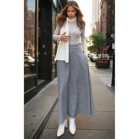 Pasaklı Giyim Kadın Kışlık Kırçıllı Kaşe Yüksek Bel Şık Uzun Kiloş Etek Antrasit