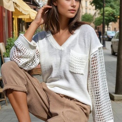 Kadın Bej Salaş Kolları File Detaylı Kapişonlu Örgü Triko Kazak-Sweatshirt CCK95006260