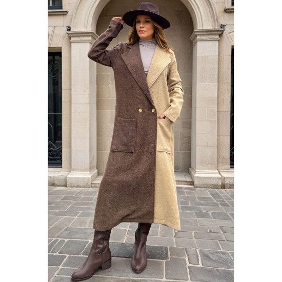 Pasaklı Giyim Kadın İki Renkli Kaşe Kaban