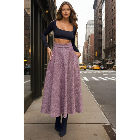 Pasaklı Giyim Kadın Kışlık Kırçıllı Kaşe Yüksek Bel Şık Uzun Kiloş Etek Bordo