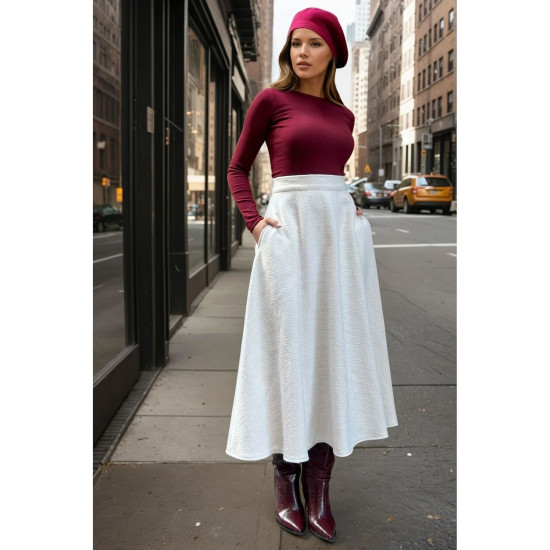 Pasaklı Giyim Kadın Kışlık Kırçıllı Kaşe Yüksek Bel Şık Uzun Kiloş Etek Ekru