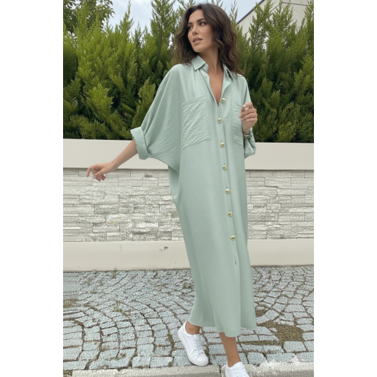 Pasaklı Giyim Kadın Oversize Yarasa Kol Tesettüre Uygun Gömlek Elbise-Tesettür Tunik Mint