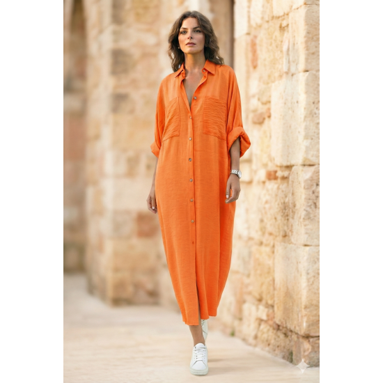 Pasaklı Giyim Kadın Oversize Yarasa Kol Tesettüre Uygun Gömlek Elbise-Tesettür Tunik Turuncu