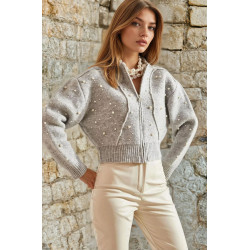 Pasaklı Giyim Tamamı - Ön Arka İnci İşleme -Dökülmez İnci , Premium Fermuarlı Hırka Gri 3767500