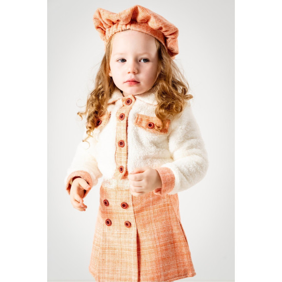 Kız Çocuk Kız Bebek Hırkalı Şapkalı Etekli Welsoft Peluş Oduncu Üçlü elbise takım