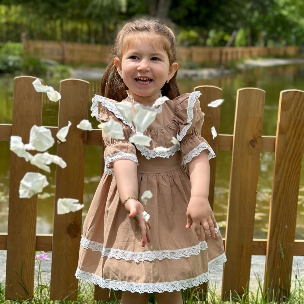 Kız Bebek Elbise Kız Çocuk Elbise Doğum Günü Parti Düğün Elbise Dantelli Kısa Kol Astarlı Elbise Kahverengi