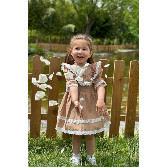 Kız Bebek Elbise Kız Çocuk Elbise Doğum Günü Parti Düğün Elbise Dantelli Kısa Kol Astarlı Elbise