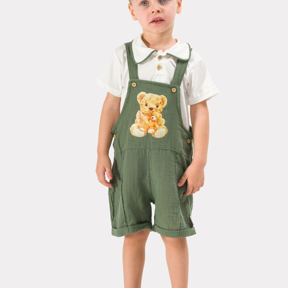 Erkek Çocuk Yazlık Müslin Kumaş Baskılı Müslin Alt Üst Çocuk Slopet Yeşil