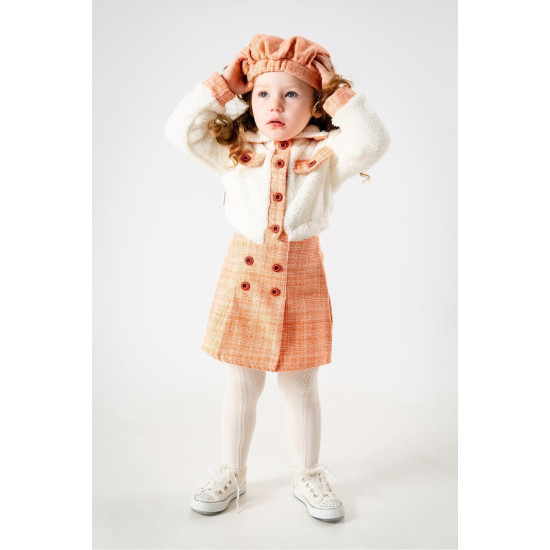 Kız Çocuk Kız Bebek Hırkalı Şapkalı Etekli Welsoft Peluş Oduncu Üçlü elbise takım