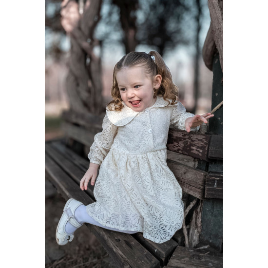 Kız Bebek Elbise Kız Çocuk Elbise Doğum Günü Parti Düğün Elbise Uzun Kol Astarlı Dantelli Bebek Krem