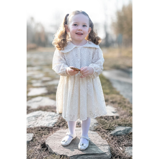 Kız Bebek Elbise Kız Çocuk Elbise Doğum Günü Parti Düğün Elbise Uzun Kol Astarlı Dantelli Bebek Krem